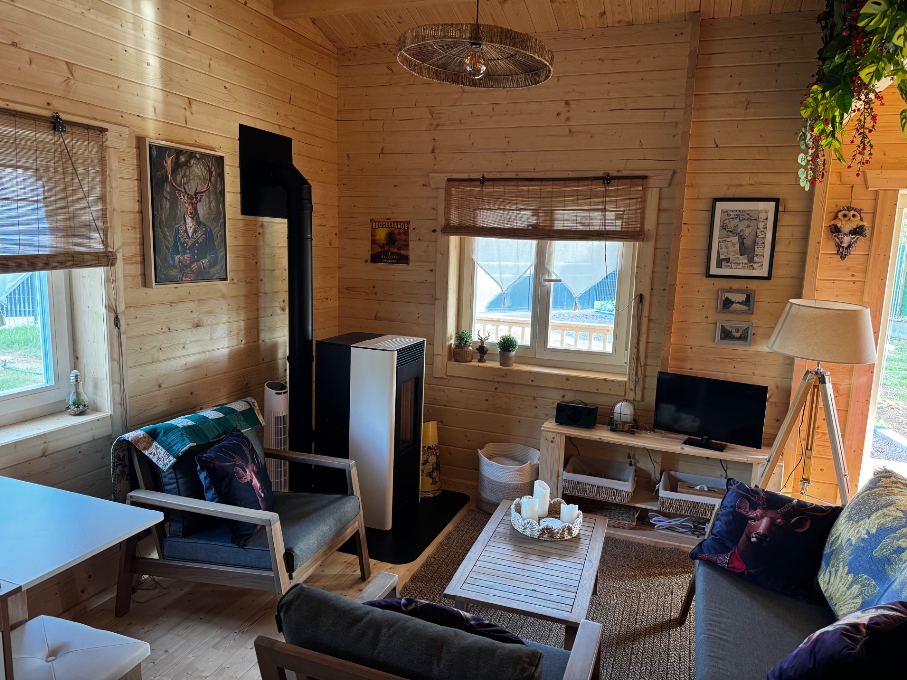 Salon avec poêle à granulés et fauteuils nordiques